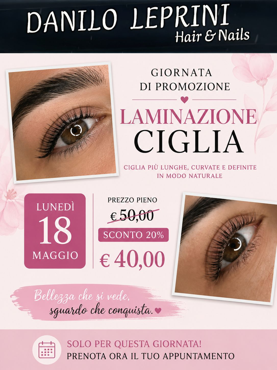 Promo Laminazione Ciglia — Lunedì 18 Maggio · 20% di sconto